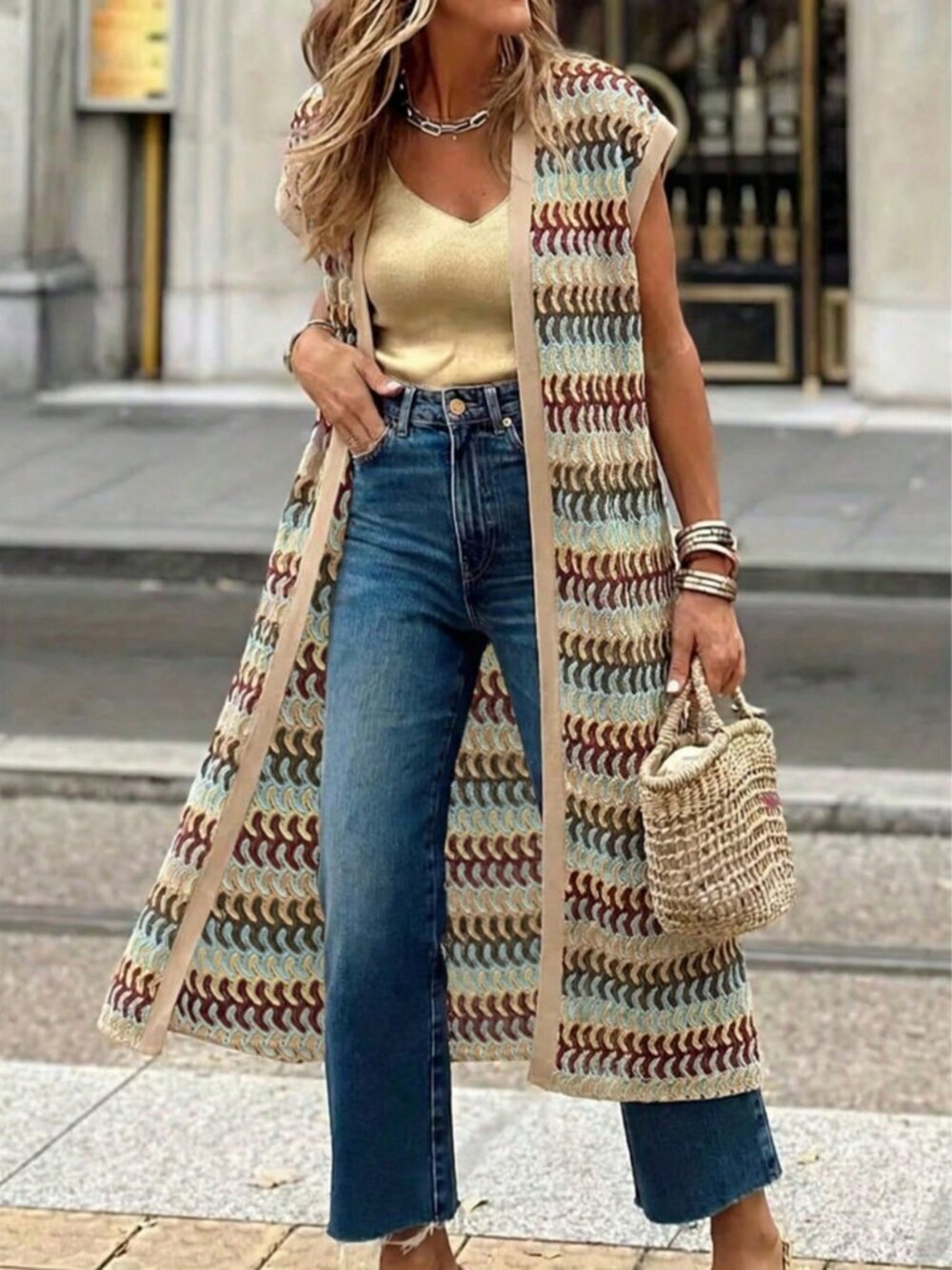 Apricot Casual Women's Plus Size Long Sleeve Patchwork Cardigan